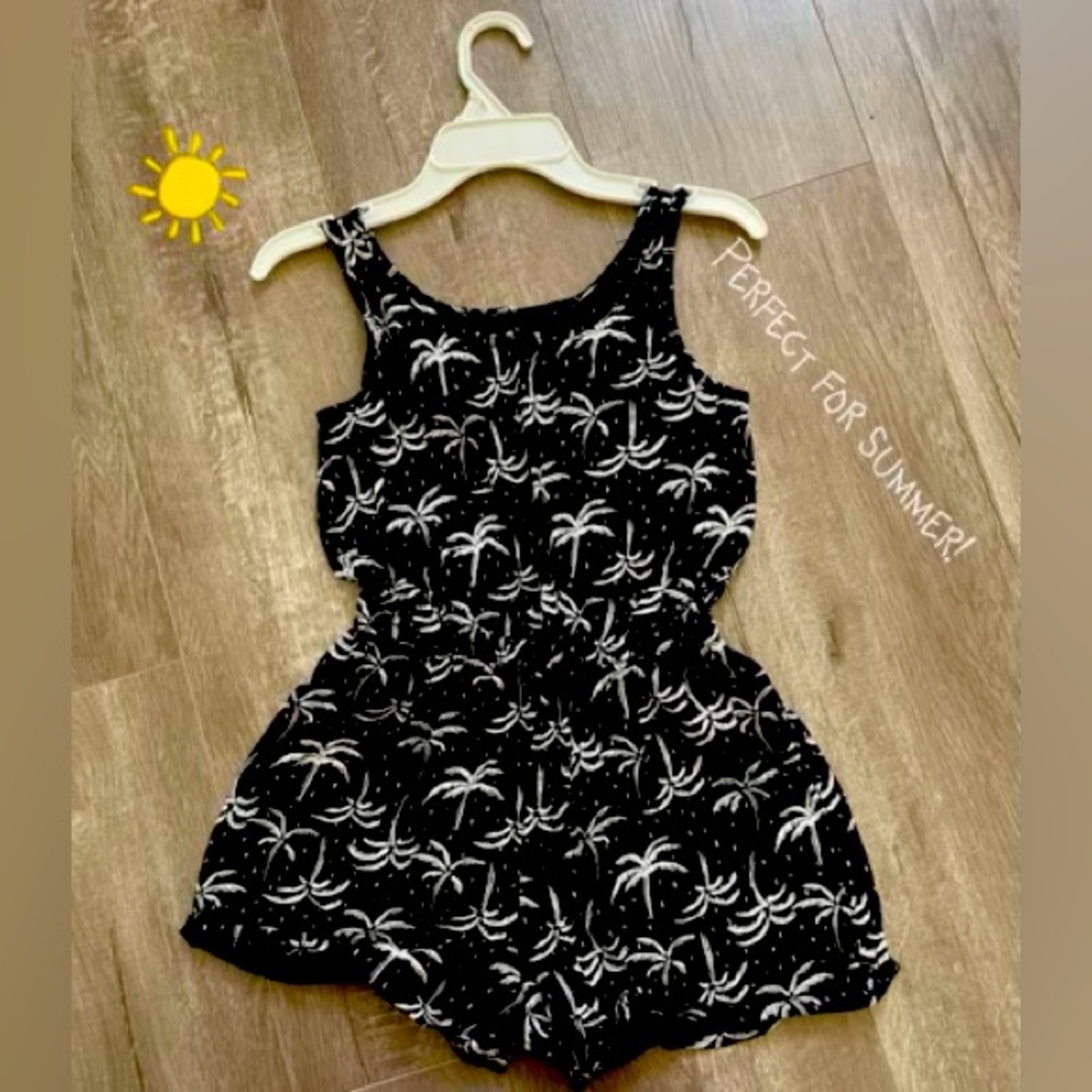 Black romper with white nature designing, cooling short sleeved girls one piece